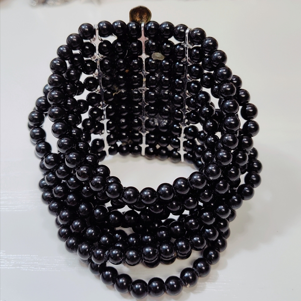 Upcycled Hand Crafted Extra Wide Black Bead Rhinestone Brass Cherub Bracelet - Picture 5 of 13